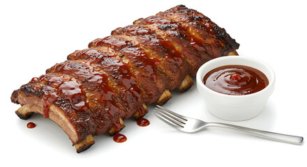 A rack of glazed baby back ribs with sticky BBQ sauce, served with a small bowl of extra sauce and a fork, isolated on white