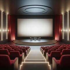 Fototapeta premium A modern cinema hall featuring stylish red seating and ambient lighting, ideal for film screenings, presentations, or events.