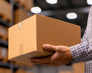 A person's hands carefully holding a plain cardboard box in a warehouse setting