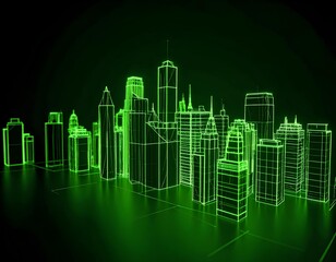 Obraz premium Futuristic Green Cityscape Digital Wireframe Model Modern Skyscrapers and Urban Development