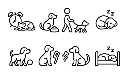 Dog care and activity icons set – outline style pet grooming, training, and sleep symbols for animal lovers: alarm clock, feeding, walking, brushing, sleeping