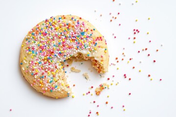 Soft sugar cookie with rainbow sprinkles and a large bite on white background with crumbs