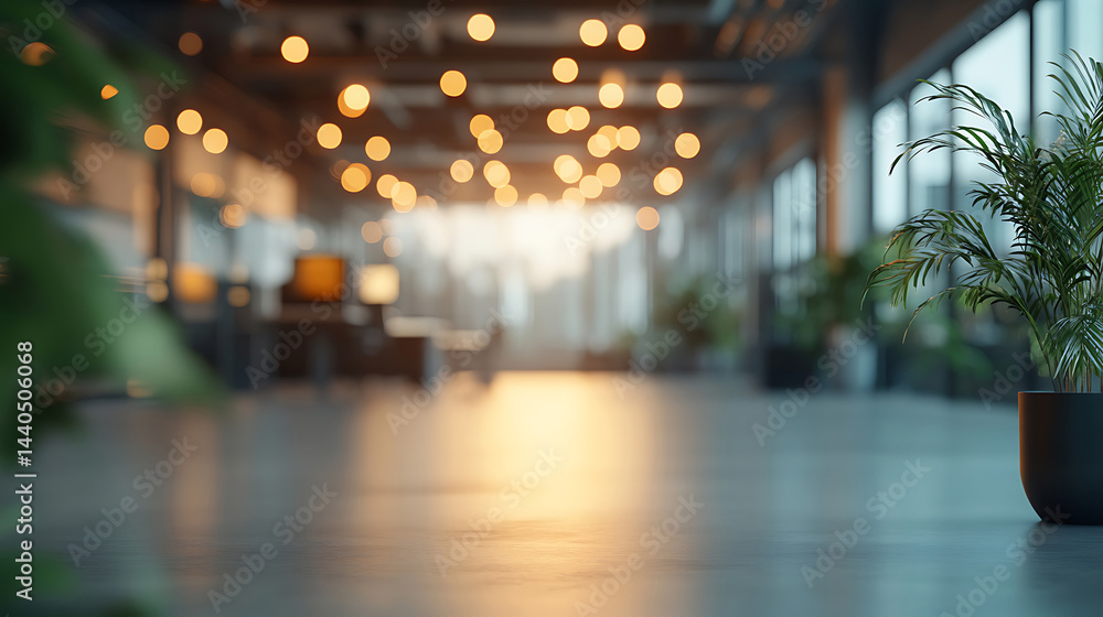 Poster abstract blurred office interior with bokeh lights and potted plants creating a calming and modern w