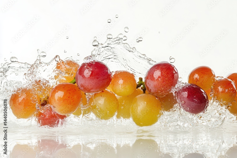 Poster a dynamic water splash with grape and citrus, isolated white.