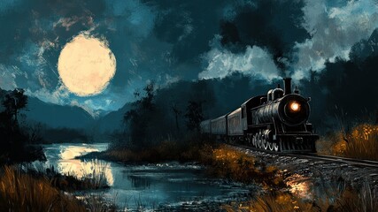 Night scene featuring a steam train and full moon