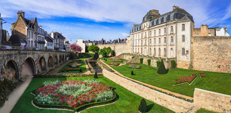 France Brittany Vannes Hermine Castle high resolution 14K side view panorama. Majestic gardens and medieval ramparts in old town. Large scale wall art of historic Bretagne monument