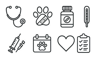 Pet healthcare icons set &ndash; outline style veterinary, health, and animal care symbols for pet wellness: stethoscope, paw print, medicine bottle, thermometer, syringe, pet calendar, heart, checklist.