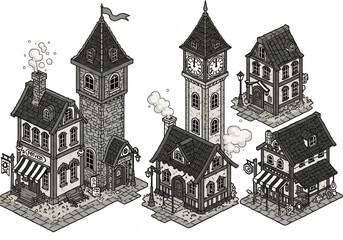 Obraz premium Isometric Grayscale Pixel Art Illustration of Various Buildings Including Clock Towers and Shops