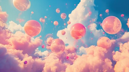 Fototapeta premium Dreamy sky with pink spheres and clouds