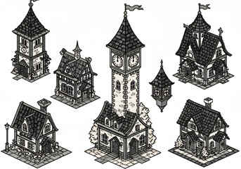 Isometric Grayscale Pixel Art Village Buildings Collection
