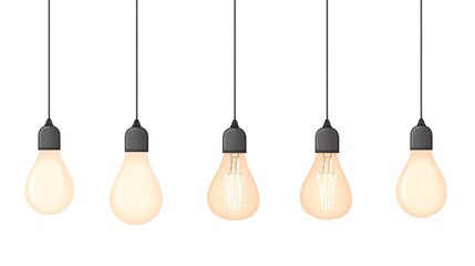 Five hanging light bulbs, varying in brightness, illustrating a concept of ideas or progress