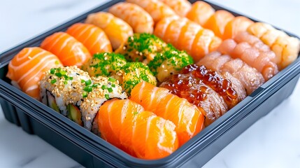 A diverse assortment of sushi, including salmon, shrimp, and other seafood, neatly arranged in a black takeout container
