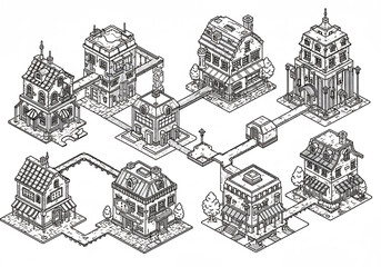 Isometric Monochrome Illustration of a Small Town with Simple Buildings