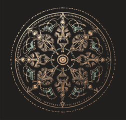 This image features a highly detailed and ornate black mandala with golden and subtle teal accents. The mandala is circular and exhibits perfect radial symmetry, with intricate, floral-inspired motifs