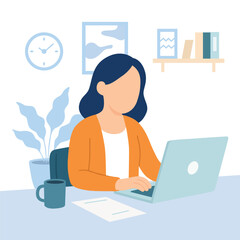 Woman Working on Laptop at Home Office Desk Vector Illustration