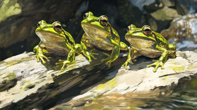 Three frogs on a log in a whimsical illustration