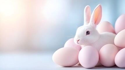 Obraz premium Adorable white bunny nestled amongst pastel pink Easter eggs
