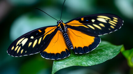 Obraz premium A striking orange and black rainforest tiger moth fluttering near a tropical leaf.