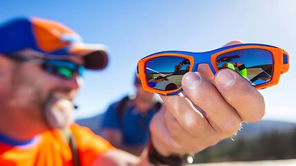 Reflecting the adventure, polarized sunglasses capture the moment in outdoor excursion