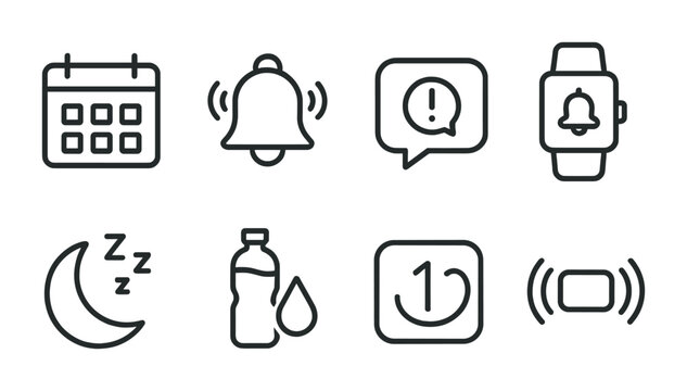 Collection of line icons for daily reminders and notifications, perfect for app design and user interfaces