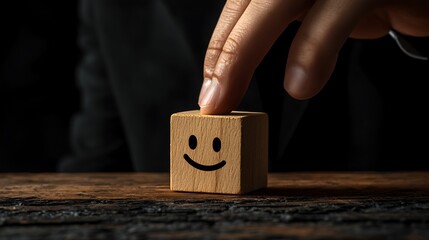 A man's hand moving a wooden block with a smiling face away from a sad face, representing the pursuit of positive emotions in business leadership on a dark backdrop
