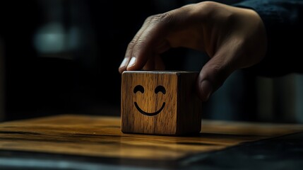 A man's hand moving a wooden block with a smiling face away from a sad face, representing the goal of fostering positive emotions in the workplace on a dark backdrop