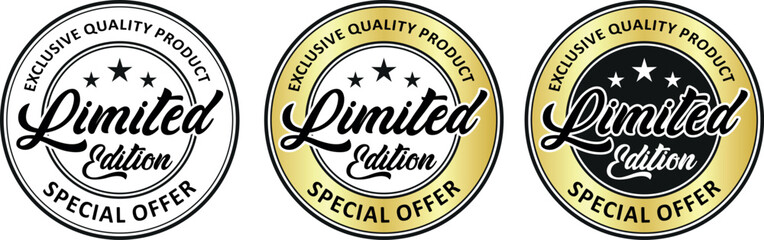 three exclusive quality limited edition badges in white, silver, and gold colors, symbolizing premium special offers, trusted products, and high value promotions in simple clean vector style	