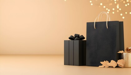 Elegant black gift bag and box with autumn leaves on a beige background, illuminated by warm bokeh lights