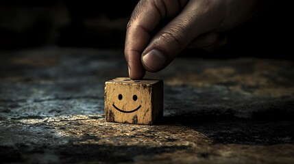 A man's hand moving a wooden block with a happy face away from a sad face, representing the pursuit of positive emotions in a corporate environment on a dark backdrop