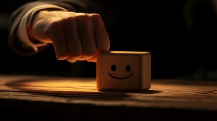 A man's hand moving a wooden block with a smiling face away from a sad face, representing the pursuit of positive emotions in business leadership on a dark backdrop