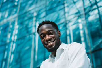 A happy young Black man standing outside an urban office.