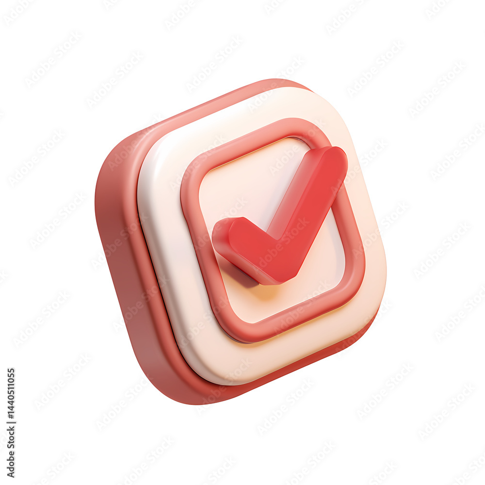 Poster 3d render of a peach and white check mark icon in a square button