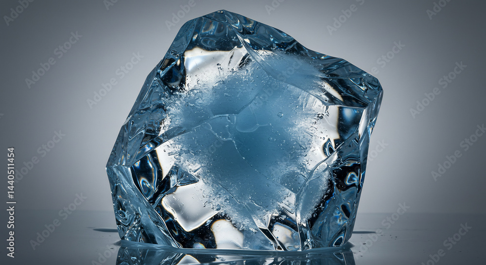 Poster close up of a large, clear ice cube with a reflective surface, isolated on a gradient background, sh