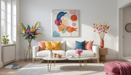 Minimalist living room with a cozy white sofa, colorful throw pillows, and bold flower arrangements. Abstract wall art and vibrant decor create a playful yet modern ... See More