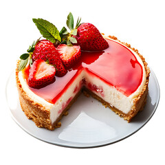 Tasty cheesecake with strawberry isolated on transparent white background in PNG format. 