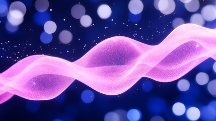 Glowing pink ribbon swirls against a dark blue bokeh background