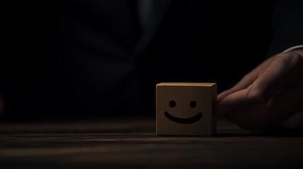 A man's hand shifting a wooden block with a smiling face away from a sad face, illustrating the importance of fostering positive emotions in the office on a dark backdrop