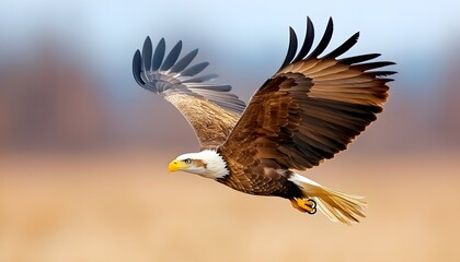 Obraz premium Majestic eagle in flight, wings spread wide, soaring over a blurred autumnal landscape