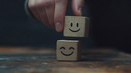 A man's hand sliding a wooden block featuring a happy face next to a sad face, symbolizing the emotional balance required in business decision-making on a dark backdrop