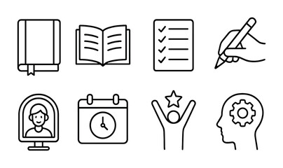 Education and learning outline icons – linear style study, school, and academic symbols for teaching resources: book, checklist, writing hand, calendar, online class, achievement, mindset.