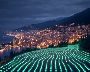 Night cityscape overlooking a coastline, illuminated by a winding path of glowing teal lights