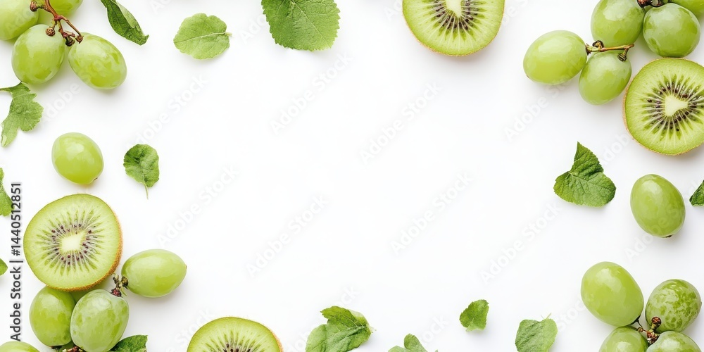 Poster a refreshing border of green grapes, kiwi slices, and leaves. the transparent background makes it ea