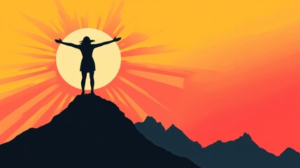 Silhouette of a woman standing on a mountain peak with arms outstretched, enjoying the sunset.