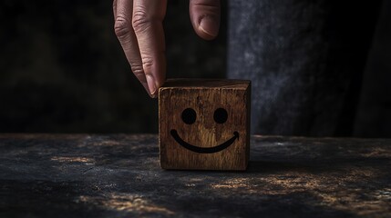 A man's hand sliding a wooden block featuring a happy face next to a sad face, symbolizing the emotional balance required in business negotiations on a dark backdrop