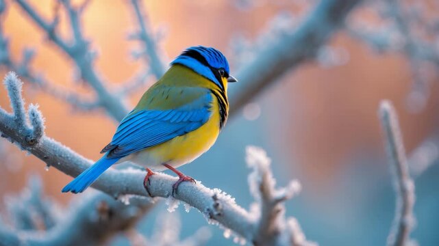 Tiny bird with blue and yellow feathers perched on a frost-laden branch.
