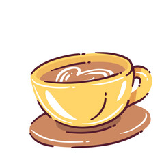 Coffee cup doodle in cartoon style. Yellow mug with brown coffee and latte art on saucer. Coffee vector illustration, hand-drawn, cozy, playful, perfect for cafe, breakfast or sticker design.
