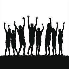 Vector Silhouette of cheering sports fans celebrating a victory/A silhouette of a group of sports fans, arms raised in excitement.