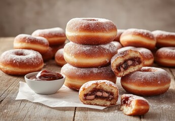 Freshly Baked Sweet Glazed Donuts with Rich Filling on Wooden Table Surrounded by Delicious Pastries and Tempting Chocolate Sauce for Dessert Lovers