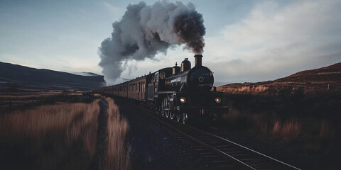 Vintage Black Steam Train Journey Nostalgic Railroad Adventure Coal Powered Locomotive Heritage Railway Travel Bygone Era Scenic Train Ride Iron Horse Express Transportation History
