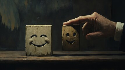 A man's hand touching a wooden block with a smiling face next to a sad face, symbolizing the emotional dynamics in client relationships on a dark backdrop
